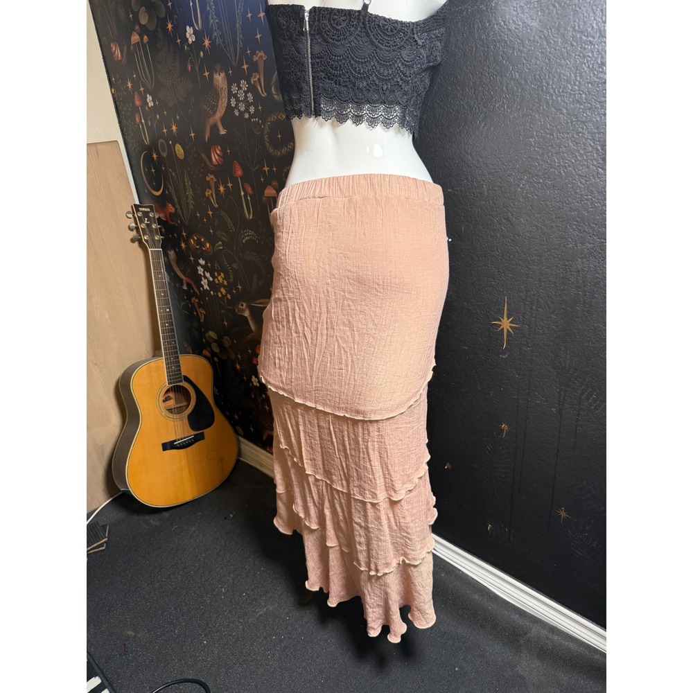 By & By Blush Pink Tiered High Low Maxi Skirt Embroidered Waist Women Small